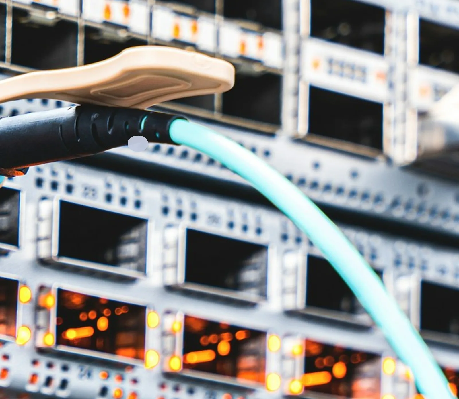 Teal fibre optic patch cable connected to a network switch port with amber status lights