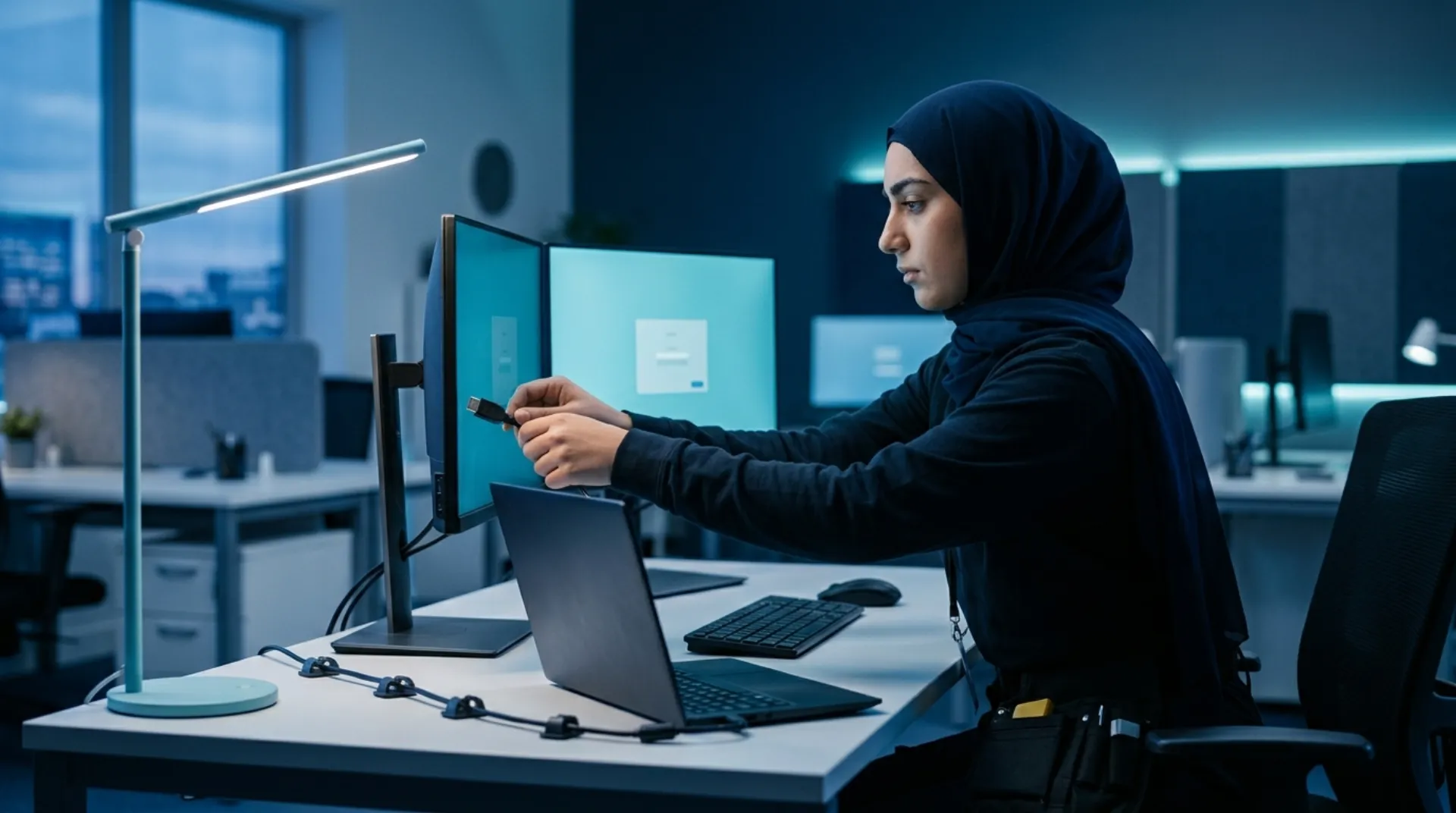 IT engineer setting up a workstation in an office